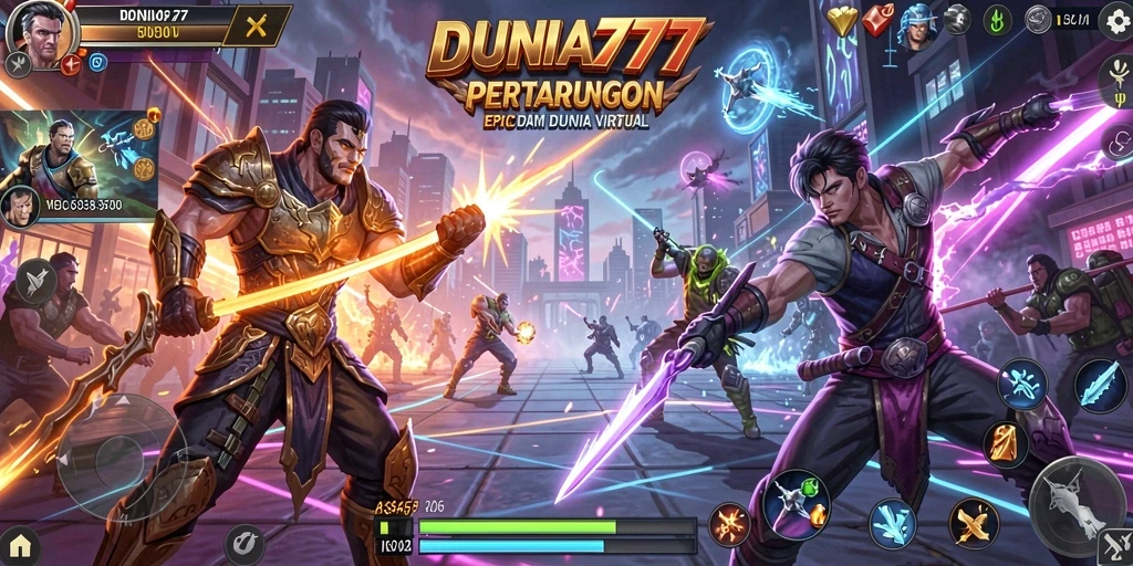 Screenshot utama DUNIA777 yang menampilkan pertarungan seru dan grafis yang menawan.