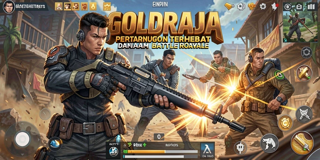Screenshot gameplay GOLDRAJA menampilkan aksi intens dari pertandingan Battle Royale.