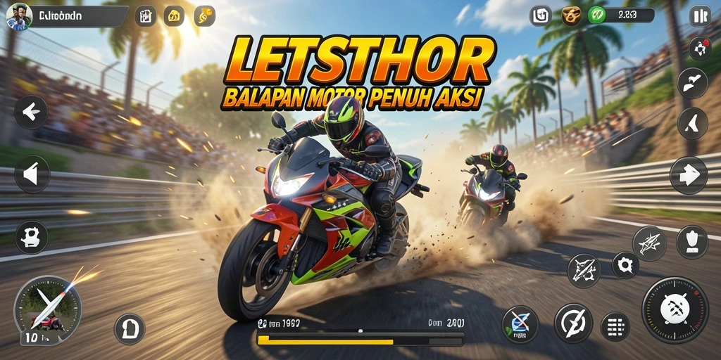 Gameplay LETSTHOR yang menegangkan dan menantang balapan motor.