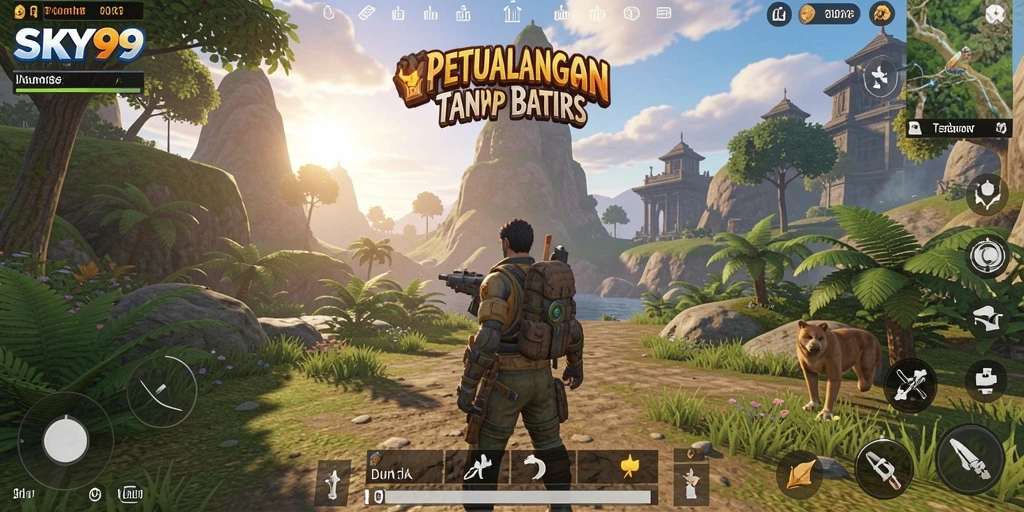 Tangkapan layar menunjukkan karakter menjelajahi dunia terbuka yang menakjubkan.