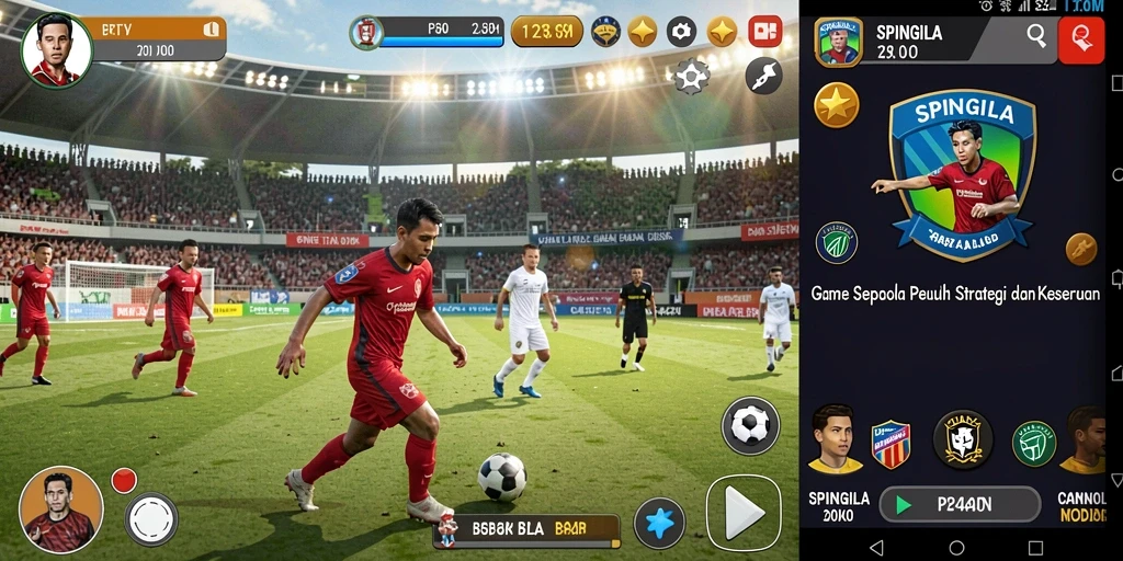 Screenshot dari gameplay SPINGILA menampilkan aksi seru di lapangan sepak bola.